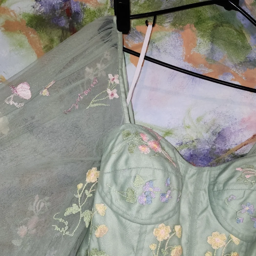 Elegant Floral Fairy Princess Corset Lng Sleeve Maxi Dress in Green Pink Floral - Picture 5 of 14